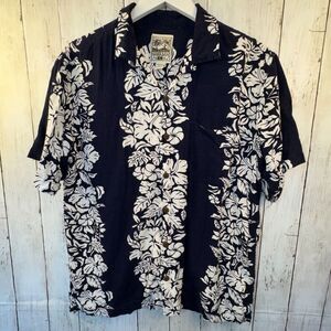 Steve & Barry Classic Hawaiian Shirt Mens Size L Blue Cream Floral Rayon